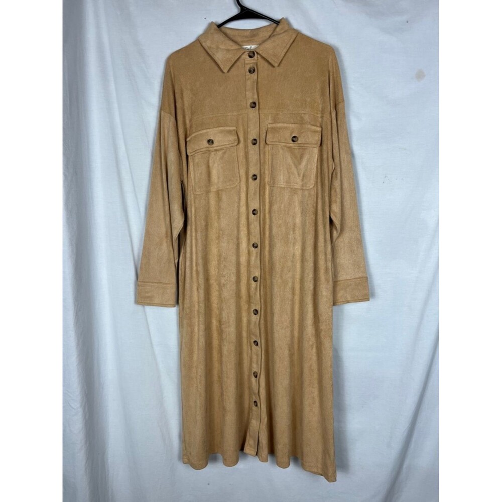 Easel Light Brown Textured Long Sleeve Maxi Shirt Dress